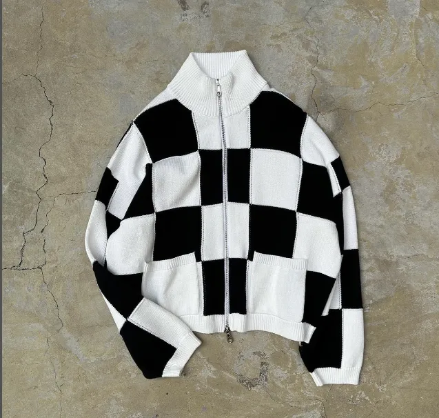 Cole Buxton Black and White Checkerboard Double Zipper Stand up Collar Sweater Coat Black and White Grid S-XL Size