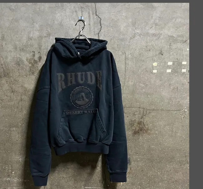 RHUDE American retro logo hooded sweatshirt sweater Aurora gray distressed black S-XL size