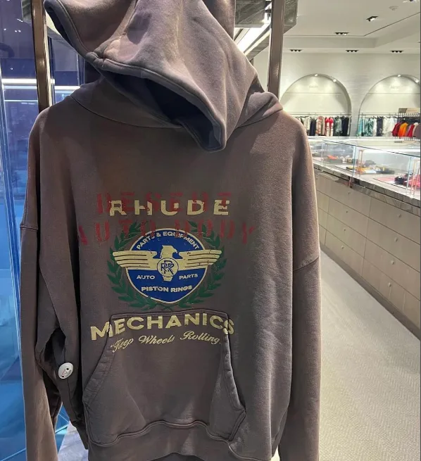 RHUDE Retro Slogan Logo Printed Hoodie Hoodie Pullover Coffee Grey S-XL Size