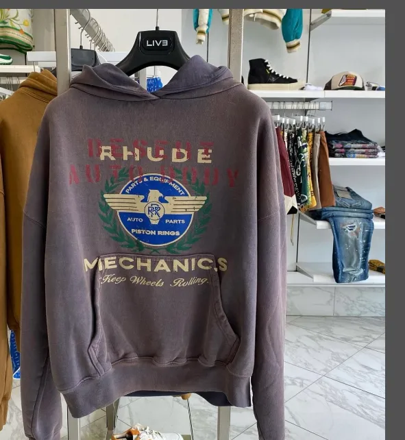 RHUDE Retro Slogan Logo Printed Hoodie Hoodie Pullover Coffee Grey S-XL Size