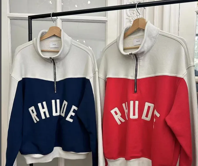 RHUDE Retro Half Zipper Embroidered Logo Stand up Collar Hoodie Blue Red S-XL Size