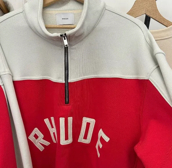 RHUDE Retro Half Zipper Embroidered Logo Stand up Collar Hoodie Blue Red S-XL Size