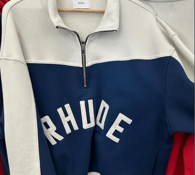 RHUDE Retro Half Zipper Embroidered Logo Stand up Collar Hoodie Blue Red S-XL Size