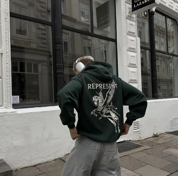 REPRESENT 23FW MASCOT HOODIE American Retro New Vintage Long Gun War Horse Knight Pattern English Printed Hoodie Washed Black Retro Green S M L XL