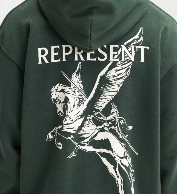 REPRESENT 23FW MASCOT HOODIE American Retro New Vintage Long Gun War Horse Knight Pattern English Printed Hoodie Washed Black Retro Green S M L XL