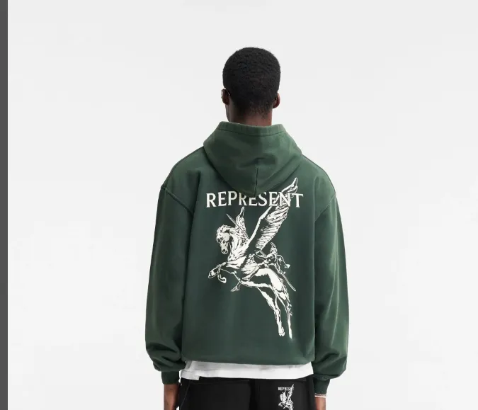 REPRESENT 23FW MASCOT HOODIE American Retro New Vintage Long Gun War Horse Knight Pattern English Printed Hoodie Washed Black Retro Green S M L XL