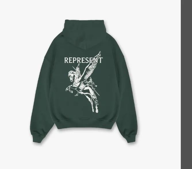 REPRESENT 23FW MASCOT HOODIE American Retro New Vintage Long Gun War Horse Knight Pattern English Printed Hoodie Washed Black Retro Green S M L XL