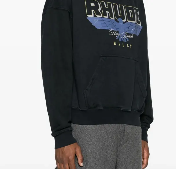 Rhude Ranch logo print cotton hoodie vintage washed and worn VINTAGE Eagle English logo printed hooded sweatshirt