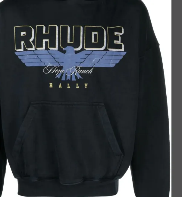 Rhude Ranch logo print cotton hoodie vintage washed and worn VINTAGE Eagle English logo printed hooded sweatshirt