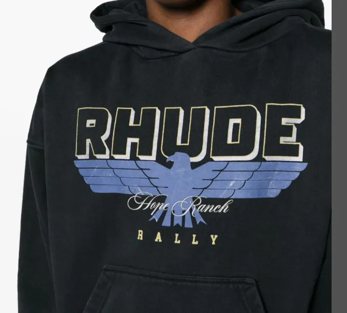 Rhude Ranch logo print cotton hoodie vintage washed and worn VINTAGE Eagle English logo printed hooded sweatshirt