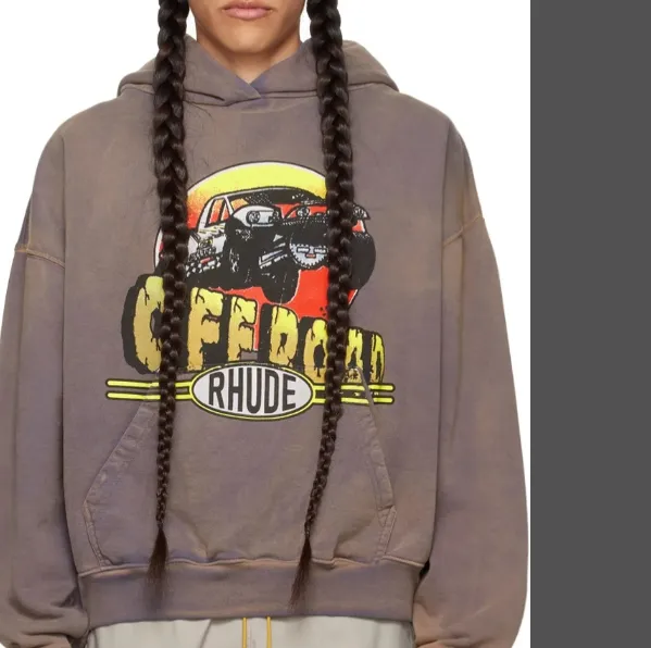 RHUDE Gray 'Off Road' Hoodie American Retro Jeep Off Road Culture Printed Hoodie