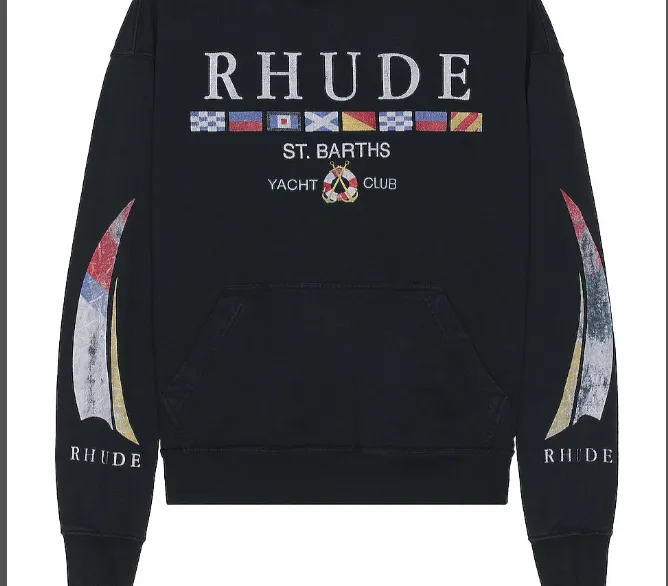 RHUDE Yacht Club Hoodie American distressed washed NEW VINTAGE Yacht Club printed hooded sweatshirt