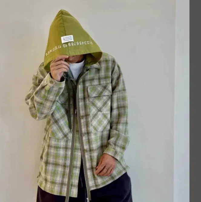 Maison Margiela MM6 Detachable Hat with Glued LOGO Pattern Coat Green Grid 46 Size 48 Size 50 Size 52 Size