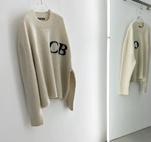 Cole Buxton niche minimalist letter logo jacquard loose round neck sweater navy blue dark green black beige gray S-XL size