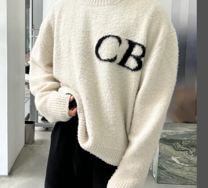 Cole Buxton niche minimalist letter logo jacquard loose round neck sweater navy blue dark green black beige gray S-XL size