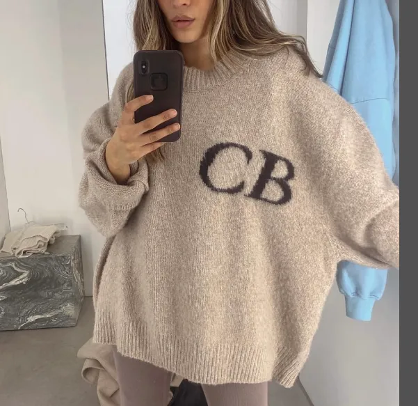 Cole Buxton niche minimalist letter logo jacquard loose round neck sweater navy blue dark green black beige gray S-XL size