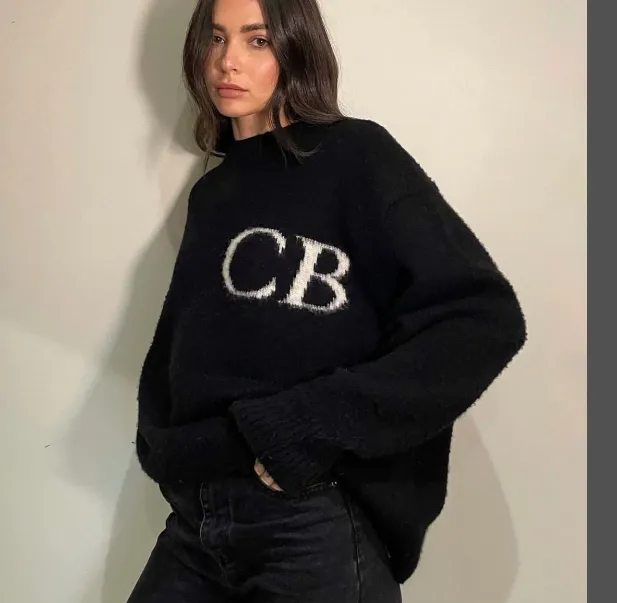 Cole Buxton niche minimalist letter logo jacquard loose round neck sweater navy blue dark green black beige gray S-XL size