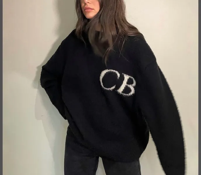 Cole Buxton niche minimalist letter logo jacquard loose round neck sweater navy blue dark green black beige gray S-XL size