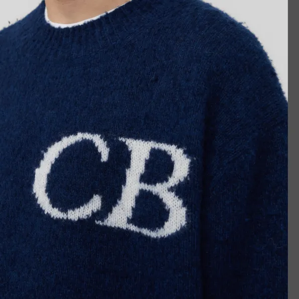 Cole Buxton niche minimalist letter logo jacquard loose round neck sweater navy blue dark green black beige gray S-XL size