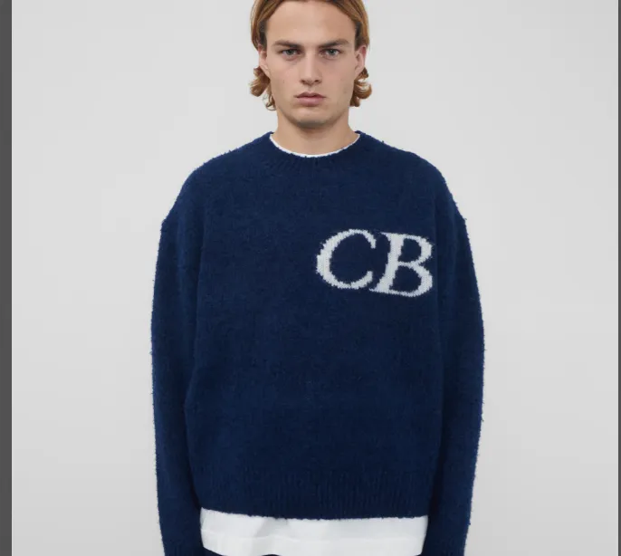 Cole Buxton niche minimalist letter logo jacquard loose round neck sweater navy blue dark green black beige gray S-XL size