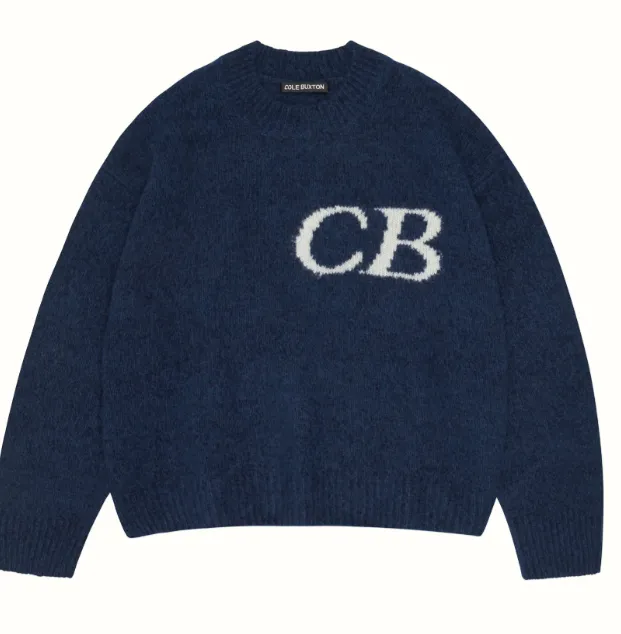 Cole Buxton niche minimalist letter logo jacquard loose round neck sweater navy blue dark green black beige gray S-XL size