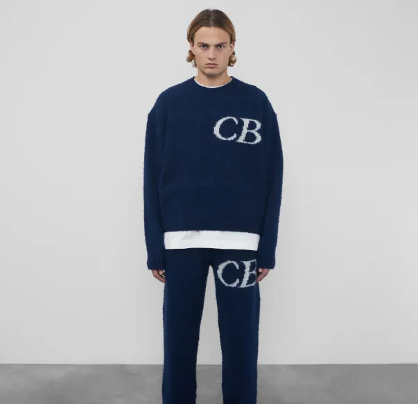 Cole Buxton niche minimalist letter logo jacquard loose round neck sweater navy blue dark green black beige gray S-XL size