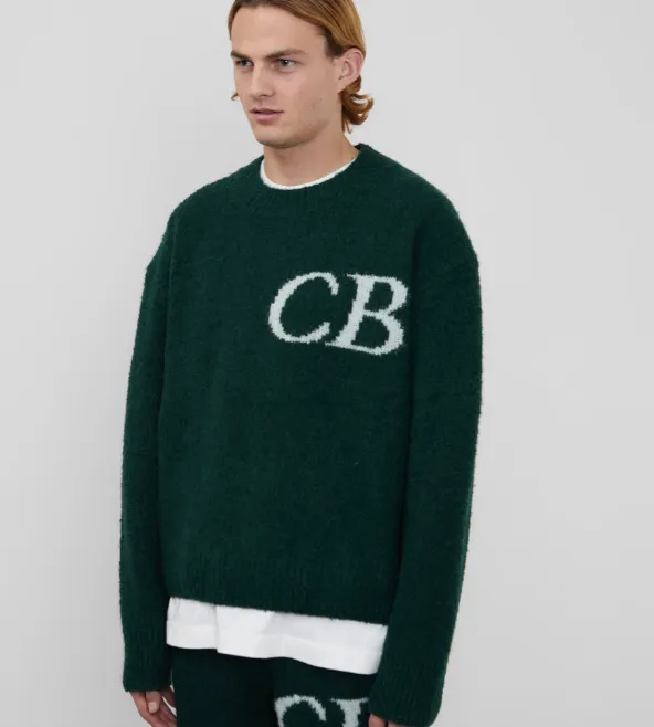 Cole Buxton niche minimalist letter logo jacquard loose round neck sweater navy blue dark green black beige gray S-XL size