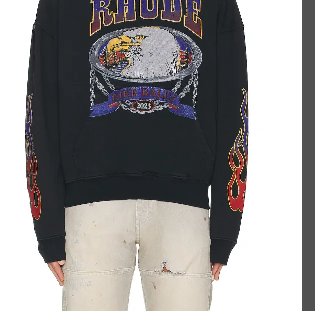 RHUDE SCREAMING EAGLE HOODIE NEW VINTAGE Eagle flame print distressed washed vintage hooded sweatshirt washed black S M L XL