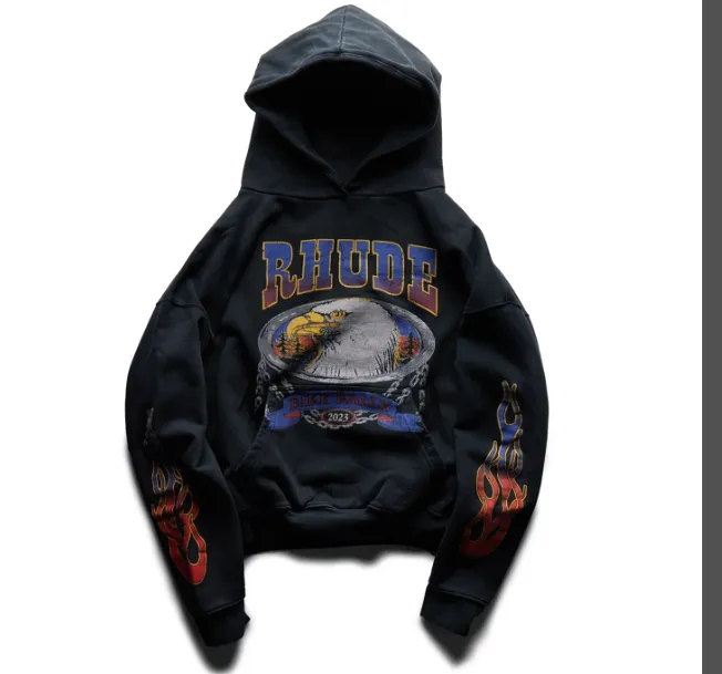 RHUDE SCREAMING EAGLE HOODIE NEW VINTAGE Eagle flame print distressed washed vintage hooded sweatshirt washed black S M L XL