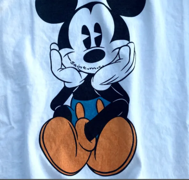 High Street Retro Mickey Print Heavy Old Clean Fit Wash Vintage Short Sleeve White Ink Direct Spray Print Size: S M L XL