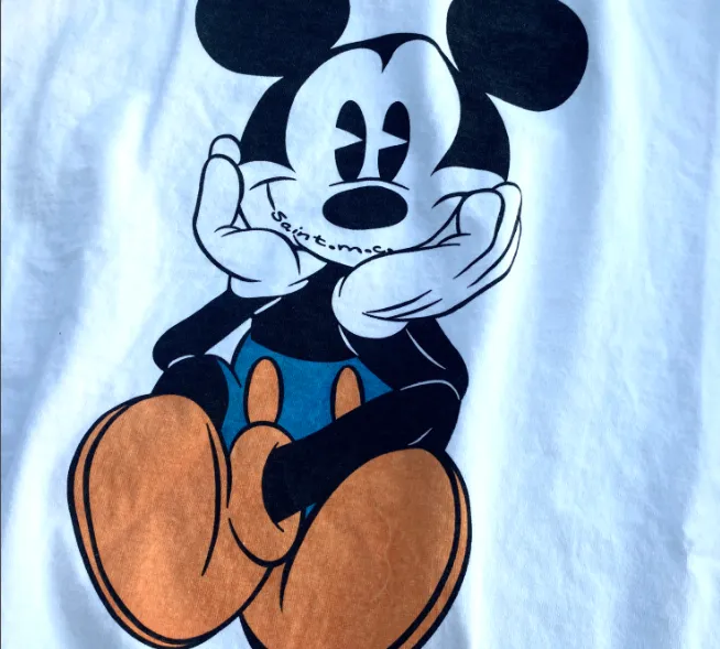 High Street Retro Mickey Print Heavy Old Clean Fit Wash Vintage Short Sleeve White Ink Direct Spray Print Size: S M L XL