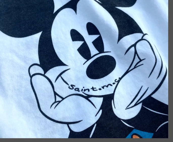 High Street Retro Mickey Print Heavy Old Clean Fit Wash Vintage Short Sleeve White Ink Direct Spray Print Size: S M L XL