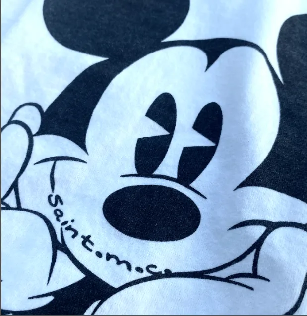 High Street Retro Mickey Print Heavy Old Clean Fit Wash Vintage Short Sleeve White Ink Direct Spray Print Size: S M L XL