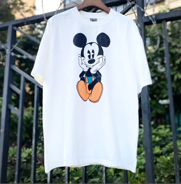 High Street Retro Mickey Print Heavy Old Clean Fit Wash Vintage Short Sleeve White Ink Direct Spray Print Size: S M L XL