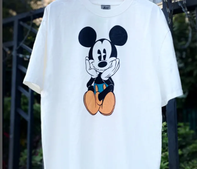 High Street Retro Mickey Print Heavy Old Clean Fit Wash Vintage Short Sleeve White Ink Direct Spray Print Size: S M L XL