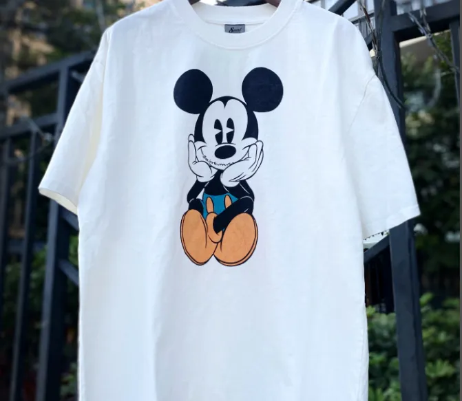 High Street Retro Mickey Print Heavy Old Clean Fit Wash Vintage Short Sleeve White Ink Direct Spray Print Size: S M L XL