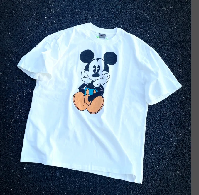 High Street Retro Mickey Print Heavy Old Clean Fit Wash Vintage Short Sleeve White Ink Direct Spray Print Size: S M L XL