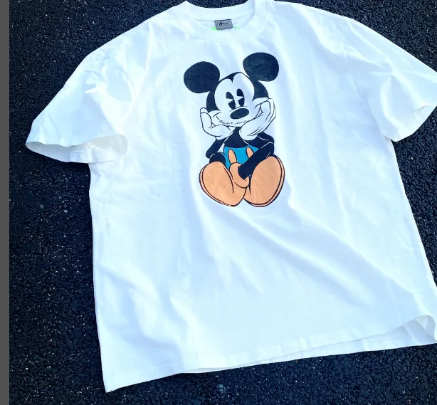 High Street Retro Mickey Print Heavy Old Clean Fit Wash Vintage Short Sleeve White Ink Direct Spray Print Size: S M L XL