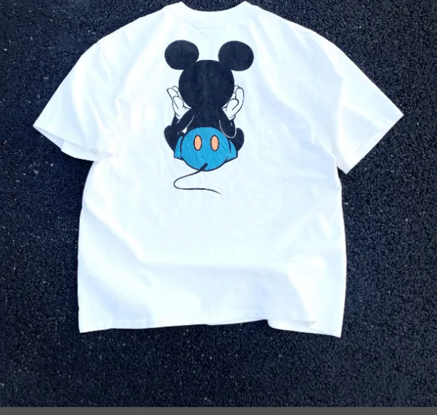 High Street Retro Mickey Print Heavy Old Clean Fit Wash Vintage Short Sleeve White Ink Direct Spray Print Size: S M L XL