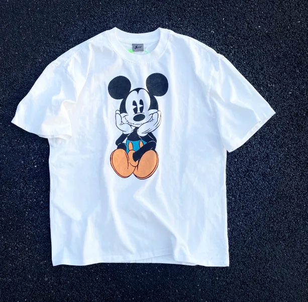 High Street Retro Mickey Print Heavy Old Clean Fit Wash Vintage Short Sleeve White Ink Direct Spray Print Size: S M L XL