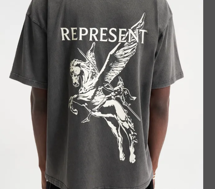 REPRESENT MASCOT T-SHIRT American Retro Washed Vintage Pocket Pegasus English Printed Short Sleeve T-shirt