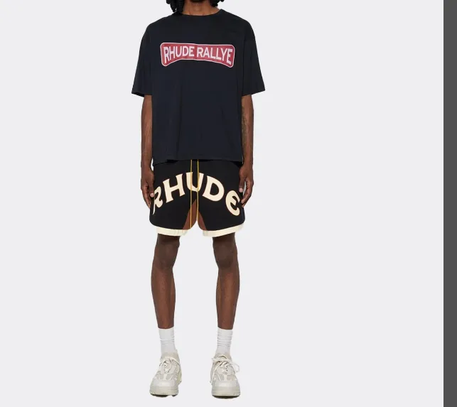 RHUDE Championship Letter Logo Slogan Retro Short Sleeve T-shirt Black S-XL Size