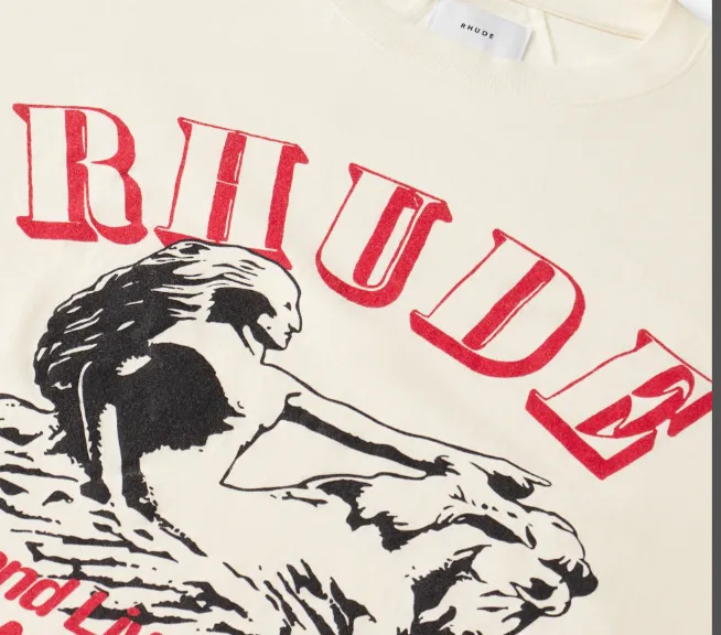 RHUDE Retro Slogan Logo Printed Short Sleeve T-shirt White S-XL Size