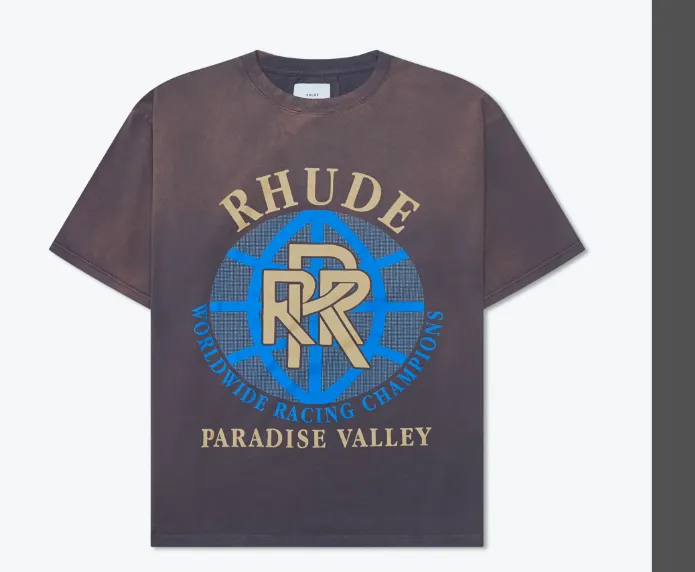 RHUDE Champion Rally Overlapping Letter Slogan Logo Short Sleeve T-shirt Grey Coffee S-XL