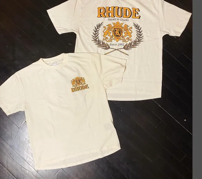 RHUDE Cigar Club Badge Slogan Logo Retro Short Sleeve T-shirt White S-XL Size