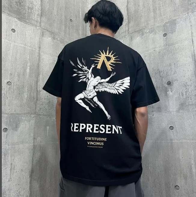 REPRESENT Sun Wing God Character Slogan Logo Short sleeved T-shirt Wolf Grey Black White