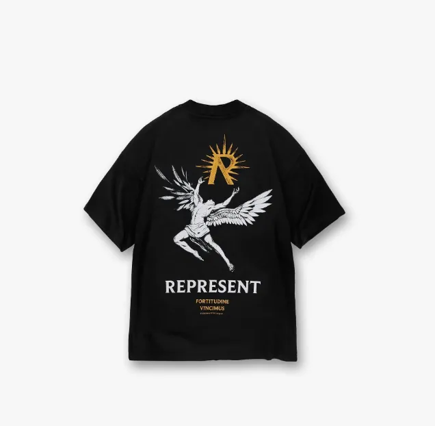 REPRESENT Sun Wing God Character Slogan Logo Short sleeved T-shirt Wolf Grey Black White