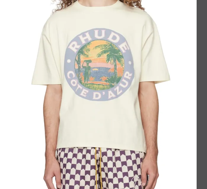 RHUDE Coast Sunset Retro Poster Short Sleeve T-shirt White S-XL Size