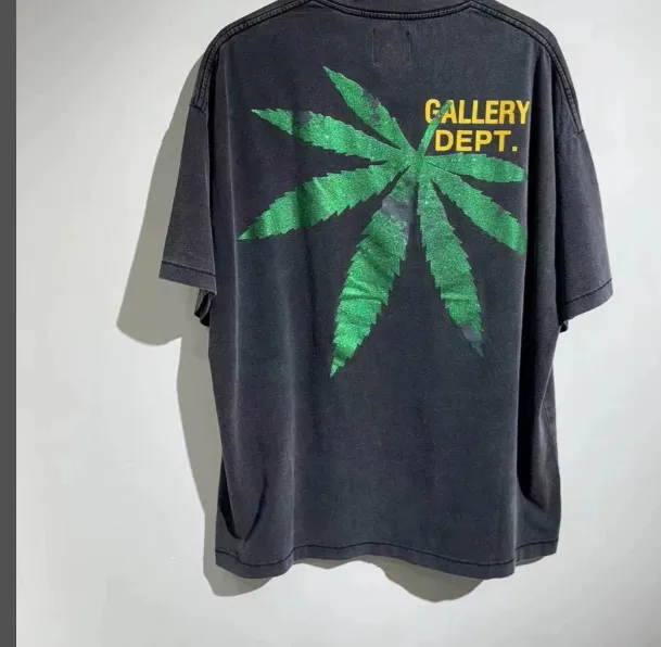 Gallery Depot. Letter LOGO Green Maple Leaf Printed Short sleeved T-shirt Black S-XL