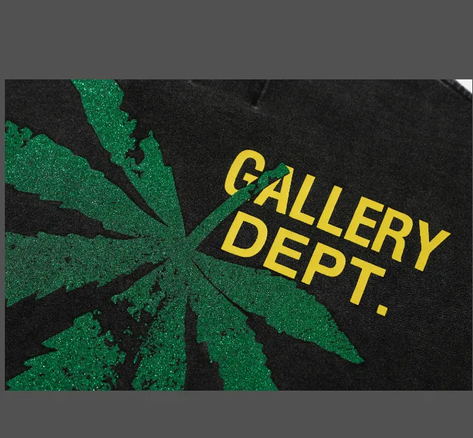 Gallery Depot. Letter LOGO Green Maple Leaf Printed Short sleeved T-shirt Black S-XL